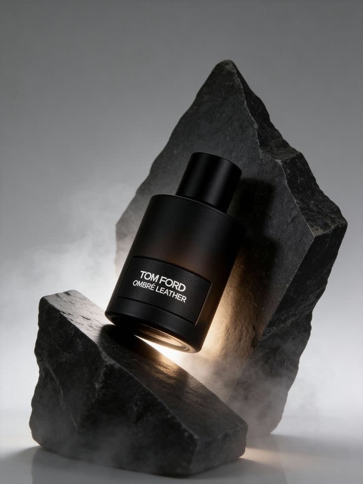 Frasco de perfume negro sobre fondo gris